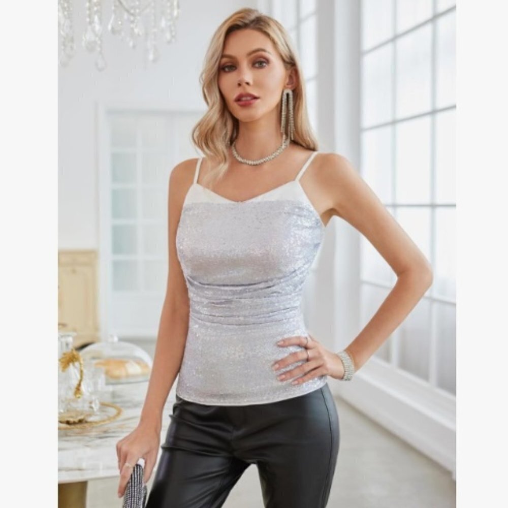 Sequin Tank Top Sleeveless Sparkle Shimmer Camisole Party Club Cocktail